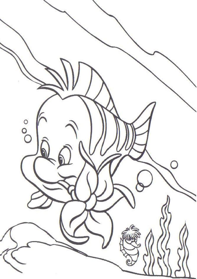 kolorowanka Florek postać z bajki Disney Mała Syrenka, obrazek do wydruku i pokolorowania kredkami numer 32